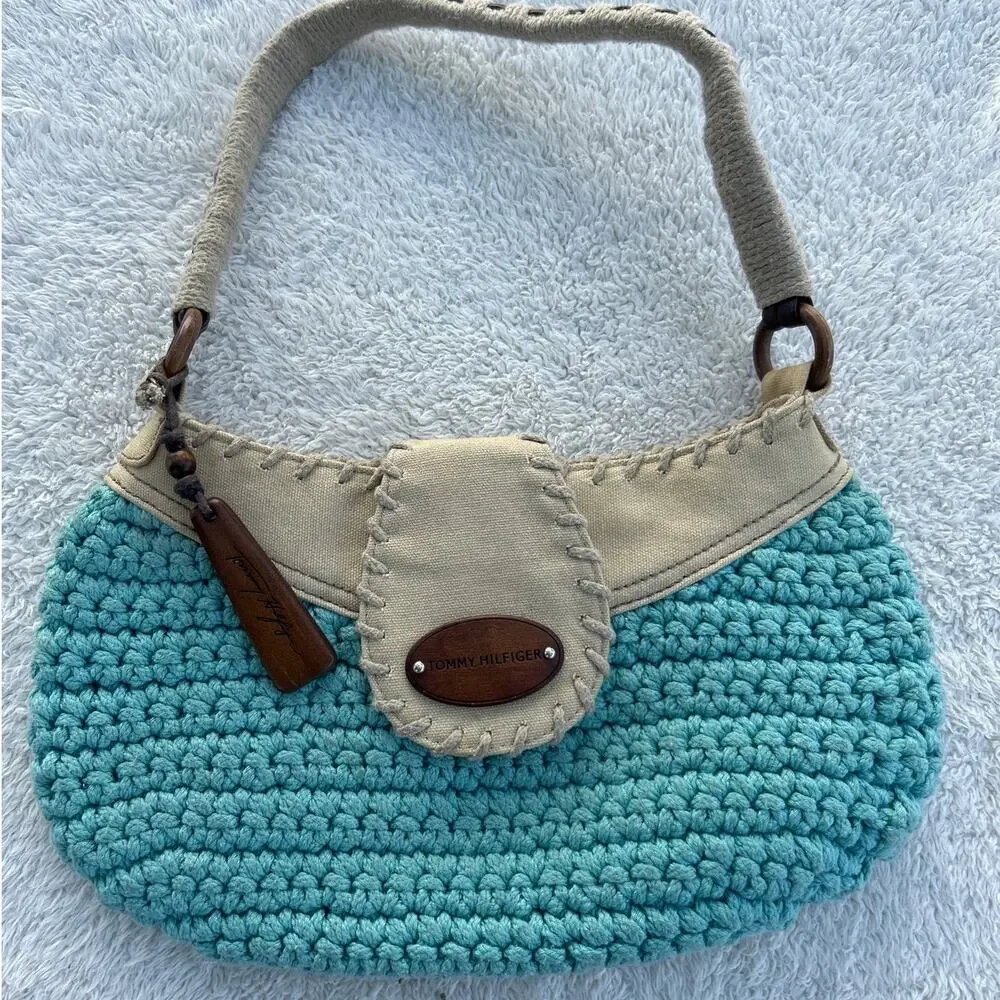 Vintage Tommy Hilfiger Hobo Bag Purse Woven Canvas Blanket Stitch Y2K Torebka